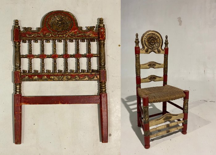 Hoofdbord en stoelenset (2) - Hout, polychroom - Eind 19e eeuw