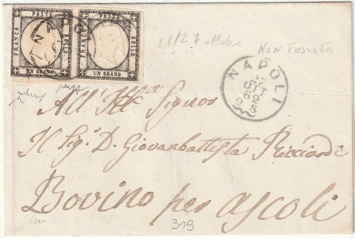 Napolitaanse Provincies 1862 - 1 gr. pair, used out of allowance on 26 October ‘62, not taxed, from Naples to Ascoli, very rare, - Sassone n.19a