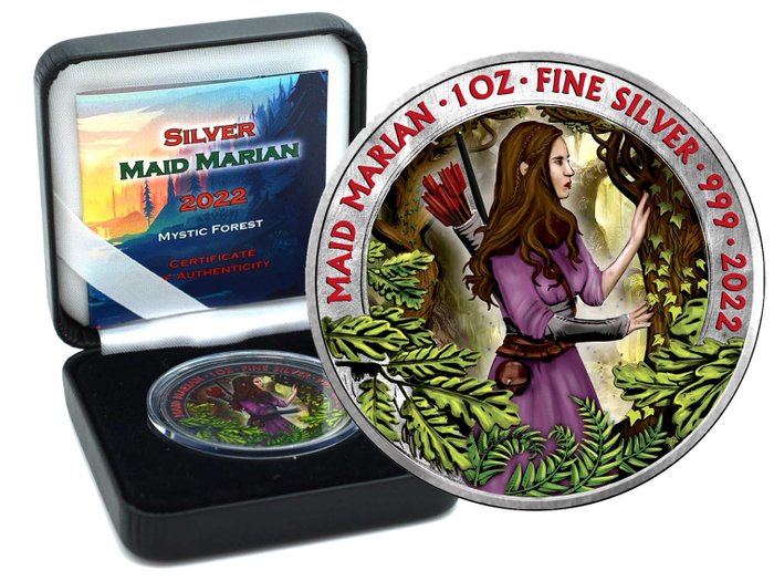United Kingdom. 2 Pounds 2022 Maid Marian UK Silber Mystic Forest color Edition in Box CoA 1 OZ