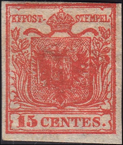 Antike italienische Staaten - Lombardo Veneto 1850 - 1st issue c. 15 deep vermilion red, Sassone no. 3g - Sassone N. 3g