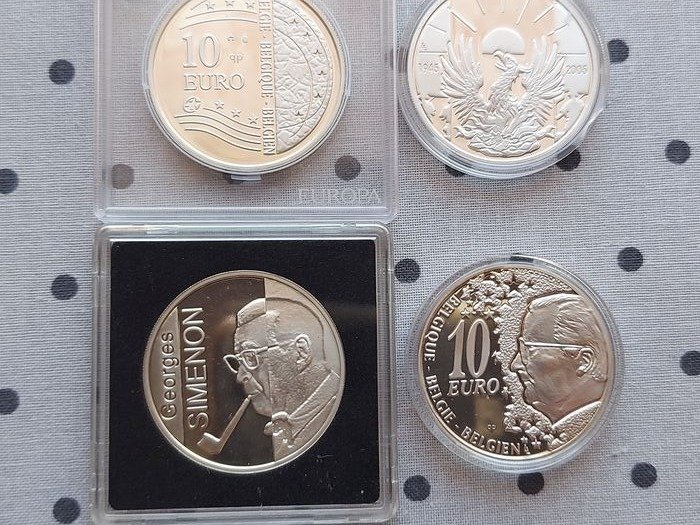 Belgique. 4 x 10 euro 2002 - 2005 , moedas de prata (Ag) , Proof  (4 coins)