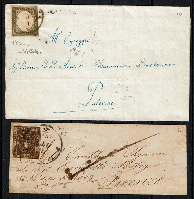 Italy 1860 - Old States lot of 2 letters of Sardinia and Tuscany - Sassone 14cc + 19
