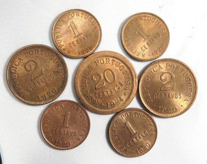 Portugal. República. 7 Moedas - 1 Centavo (4)/2 Centavos (2) & 20 Centavos 1924