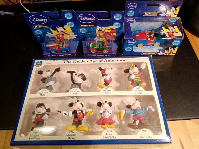Mickey's World - The Golden Age of Animation - 8 figuurtjes + 3 autootjes in originele verpakking (Motorama) - (1997/2013)