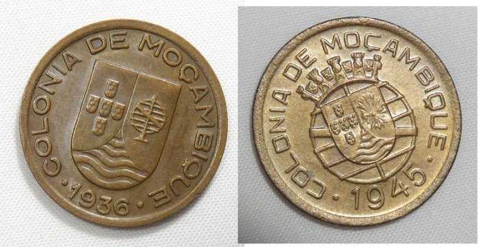 Mozambique portugais. República. 2 Moedas - 10 Centavos 1936 & 50 Centavos 1945