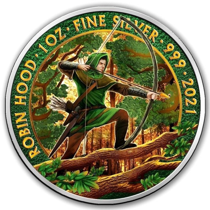 United Kingdom. 2 Pound 2021 Robin Hood UK Silber Mystic Forest with CoA - 1 Oz