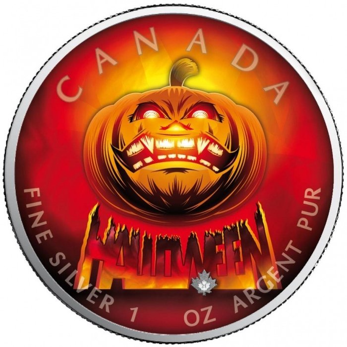 Canada. 5 Dollars 2021 - Maple Leaf - Angry Pumpkin - Colorized with COA - 1 Oz