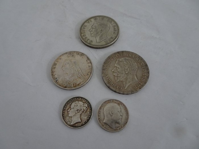 United Kingdom. Shilling 1853 en 1910 + Florin 1890 + Crown 1935 + 1937 (5 munten)