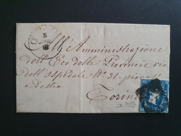 Italiaanse oude staten - Sardinië 1851 - 20 cents light blue on letter from San Giorgio (rare cancellation pt. R1) to Turin - Sassone N. 2