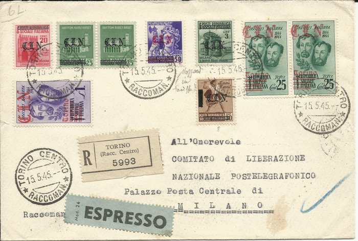 Koninkrijk Italië 1945 - CLN - Turin, express registered mail in tariff with 9 stamps - Unificato NN. da 1 a 17