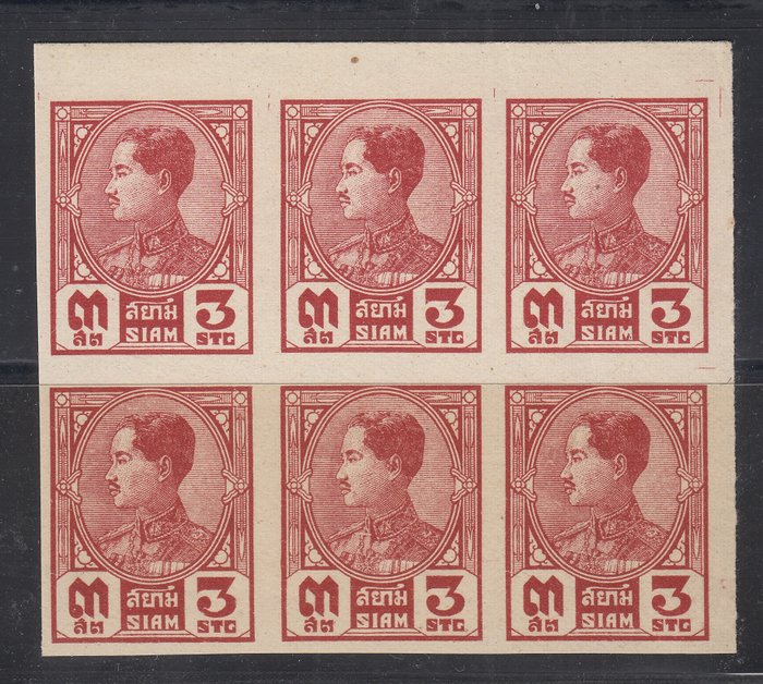 Siam 1928 - 3S. red, King Prajadhipok block of six, imperforate, rare - Michel 200 var