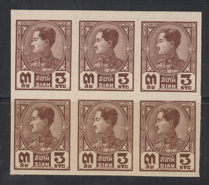 Siam 1928 - 3S. brown, King Prajadhipok block of six, imperforate, rare - Michel 200 var