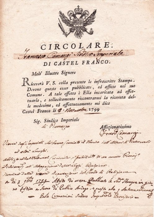 Francesco Camangi - Sindico Imperiale di Castel Franco - Pièce Signée - 1799
