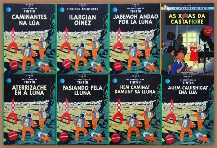 Tintin - Ensemble de 7 albums "On a marché sur la lune" en sept dialectes différents +  1 "Les Bijoux de la - 8 Album - 2008/2020