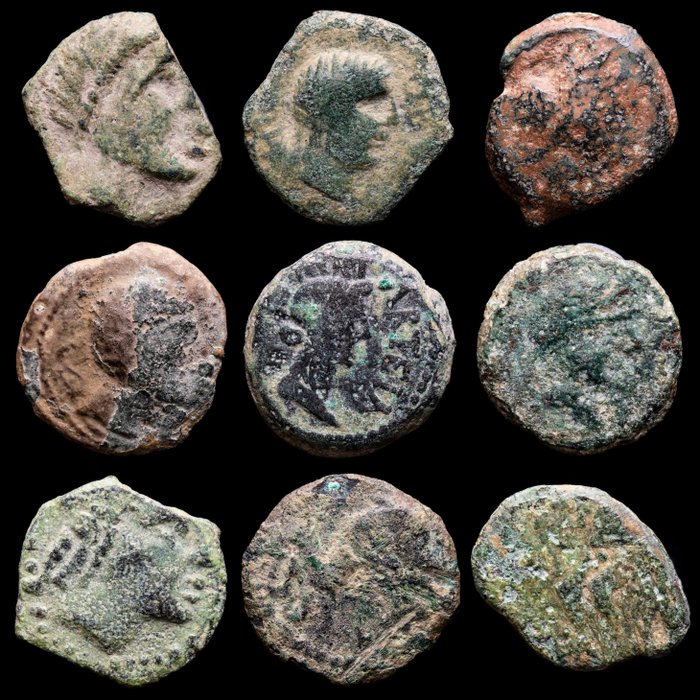 Ibero-Roman. Lote de nueve (9) monedas ibericas de influencia romana,  - Corduba (Julio Cesar) - Castulo - Obulco - Carteia - Cunbaria.