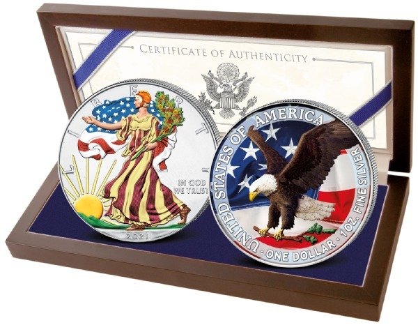 États-Unis. 2 x 1 Dollar 2022 American Silver Eagle Set Alt + Neu Typ 2 Farbe Edition mit Box & Zertifikat