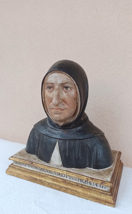 Beeld, Houten buste "Girolamo Savonarola" - Hout - 19e eeuw