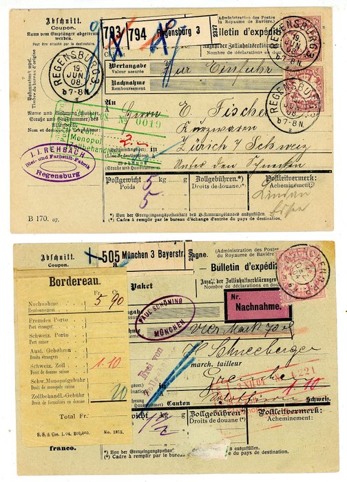 Bavaria - 2 parcel cards to Switzerland, photo expert finding from BPP (German Federation of Philatelic