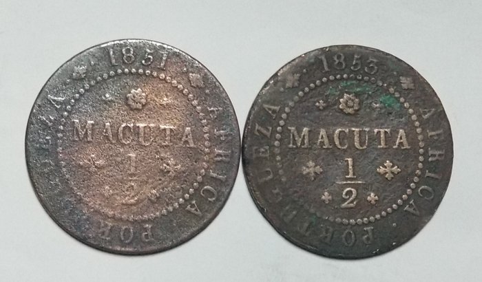 Angola portugais. D. Marie II (1834-1853). 2 Moedas - ½ (Meia) Macuta 1851 & 1853