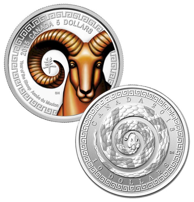 Canada. 5 + 10 Dollars 2013/2015 'Year of the Snake ,Year of the Sheep'