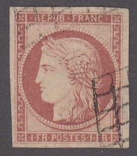 Frankrijk - Ceres, imperforate - 1 franc carmine, cleared effigy - Superb. - Yvert n 6