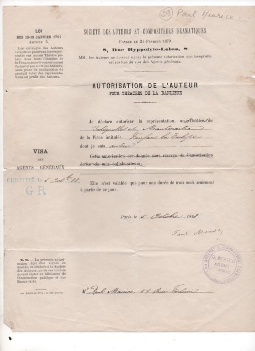 lettres manuscrites, lettre signée - Emma Calvé  et  Fanfan la Tulipe - 1903