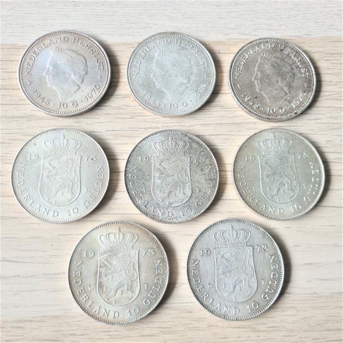 Netherlands. Juliana (1948-1980). 10 Gulden 1970 / 1973 ( 8 stuks)