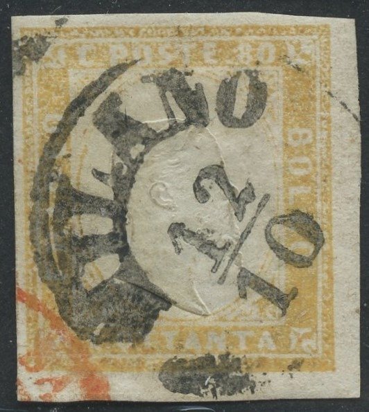 Italian Ancient States - Sardinia 1859 - 80 cents pale ochre yellow used - Sassone N. 17A