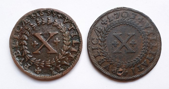 Portugal. D. Pierre II (1683-1706). X Reis 1699 - PVBLICÆ - 1º Tipo & X Reis 1703 - Grinalda Invertida c/Furo
