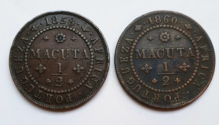 Angola portugais. D. Pierre V (1853-1861). 2 Moedas - ½ (Meia) Macuta 1858 & 1860