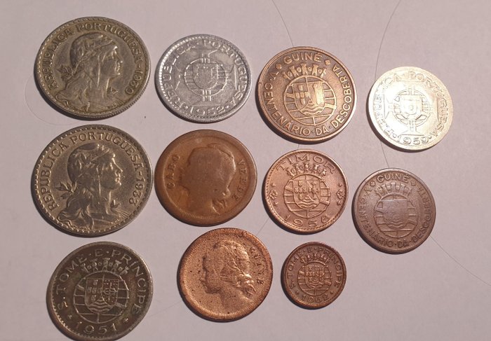 Portugal, Ex-Colónias. República. 11 Moedas - Vários Valores 1930 a 1962 (10 Centavos/1 Escudo 1933 Guiné & 1 Escudo 1930 Cabo Verde)