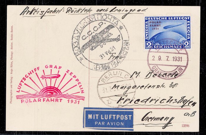 German Empire 1931 - “Graf Zeppelin” polar flight with special airmail from Leningrad - Sieger 119I