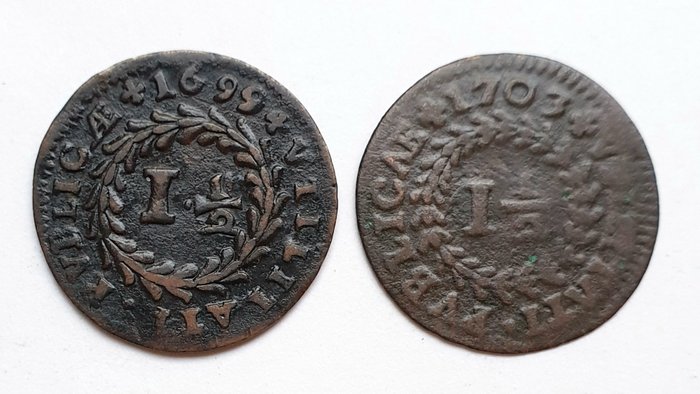Portugal. D. Pedro II (1683-1706). 2 Moedas - I ½ Real 1699 - 1º Tipo & 1703 - ETALGREX/PVBLICAE - 3º Tempo