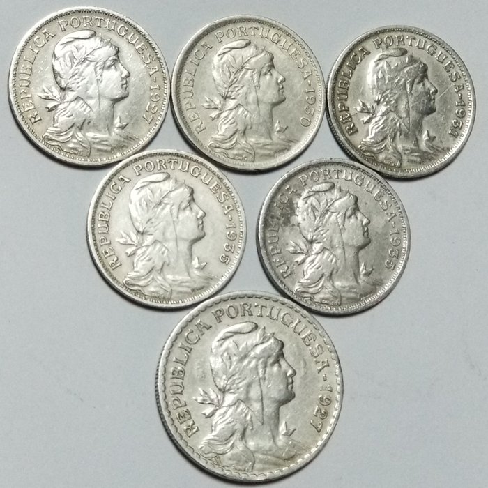 Portugal. República. 6 Moedas - 50 Centavos 1927/1930/1931/1935 (2) & 1 Escudo 1927