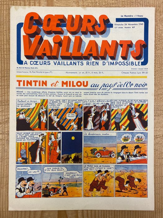 Coeurs Vaillants 47 - Version sur Papier Fort - Tintin - Au pays de l´or noir - (1940)