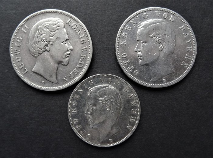 Germany, Empire, Bavaria. 3 Mark / 5 Mark 1876/1901 (3 pieces)