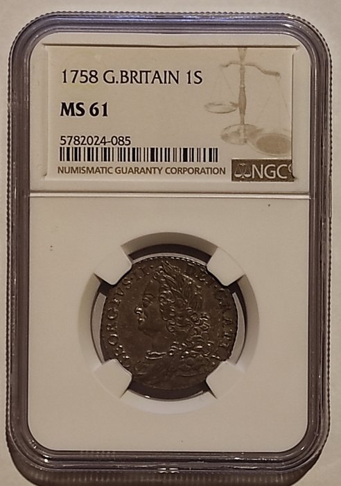 United Kingdom. 1 Shilling 1758 George II in MS61 NGC Slab