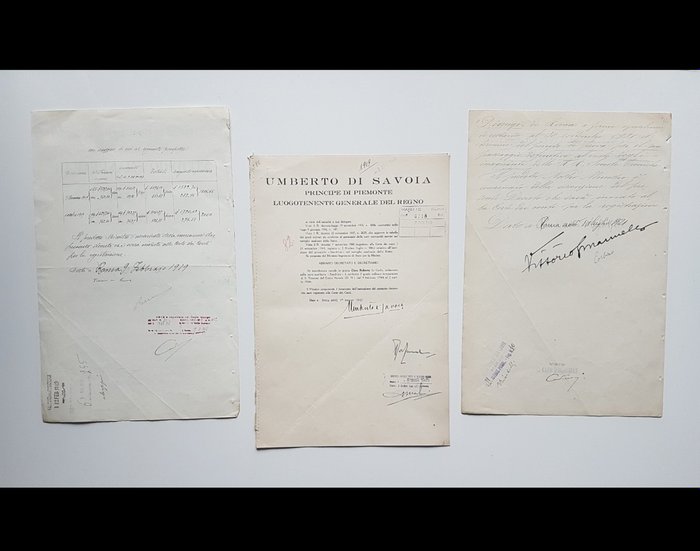 Vittorio Emanuele III / Umberto II / Tomaso di Savoia - Signed documents - 1919/1945