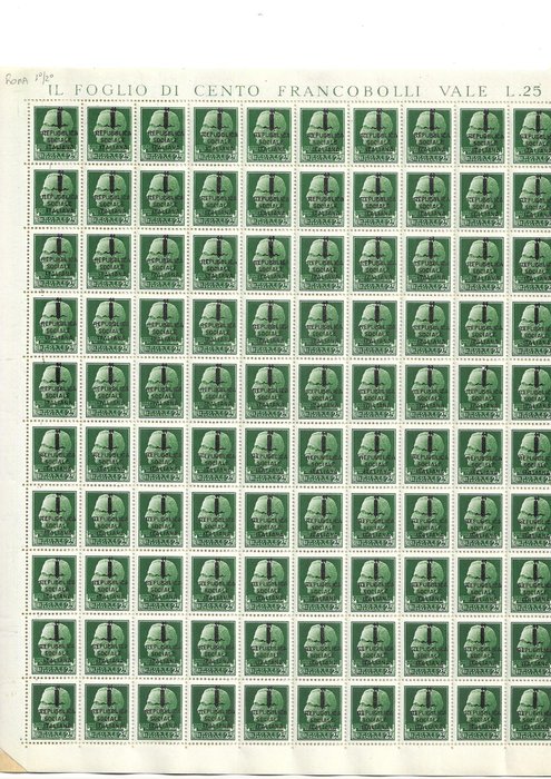 Italy 1944 - RSI Rome issue, small fasces, 25 cents, double sheet 100 + 100 pieces - Sassone n.491