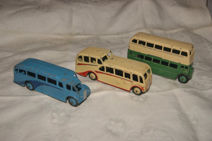 Dinky Toys - 1:48 - First Issue "Single Deck Bus" no.29E - 1948 / "MAUDSLAY" Observation Coach" no.29F - 1950 - "LEYLAND" Double-decker Bus no.29C - (Grille Type 3) - 1953