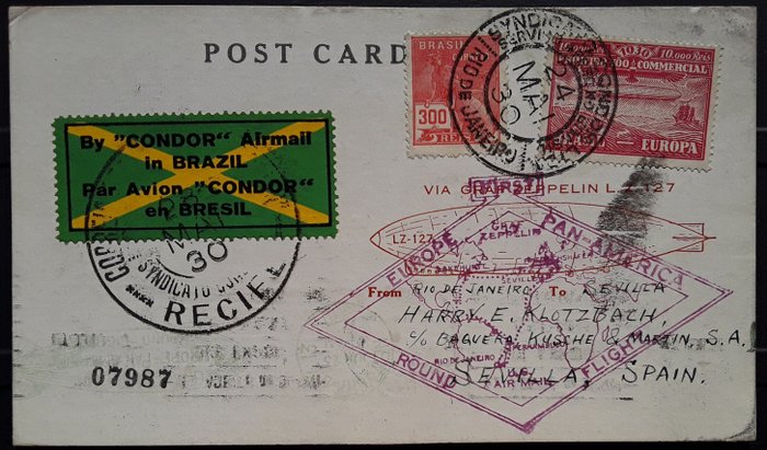 Brazilië - Zeppelin document - Río de Janeiro - Seville to Lakehurst 1930