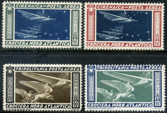 Cyrenaica / Tripolitania 1933 - Balbo cruise series, 4 values - Sassone N. 18/19 + 28/29
