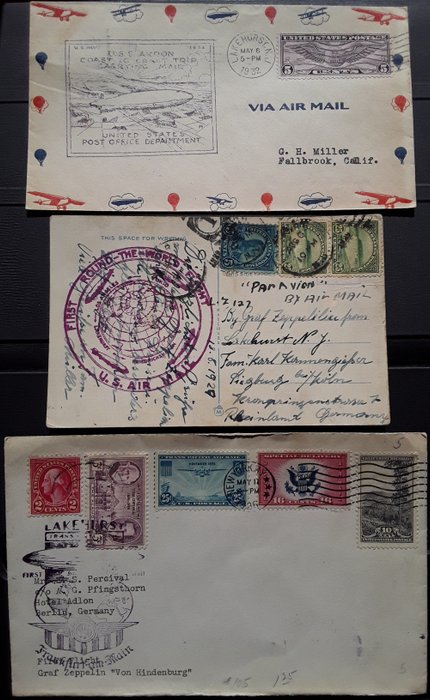 United States of America - 2 Zeppelin documents + Akron document - Weltrundfahrt 1929 / First Hindenburg 1936 /