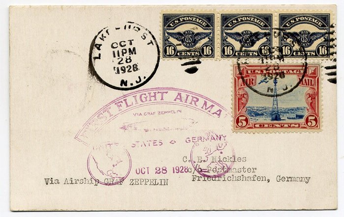 United States of America 1928 - Zeppelin : America flight / Amerika-fahrt - card from Lakehurst to Friedrichshafen