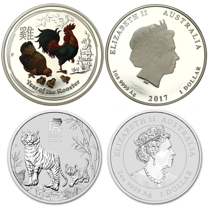 Australie. 1 Dollar 2017/2022 - Year of the Rooster Proof/Year of the Tiger BU - 2 x 1 oz
