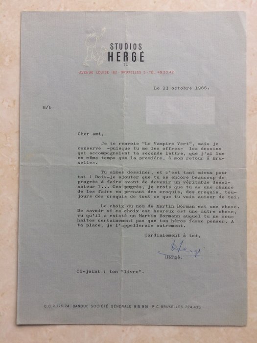 Hergé - Courrier Studios Hergé - Avec signature manuscrite de Hergé - (1966)