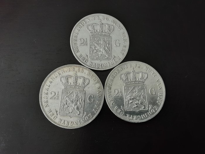 Netherlands. Willem III (1849-1890). 2 1/2 Gulden 1850 / 1872 (3 stuks)