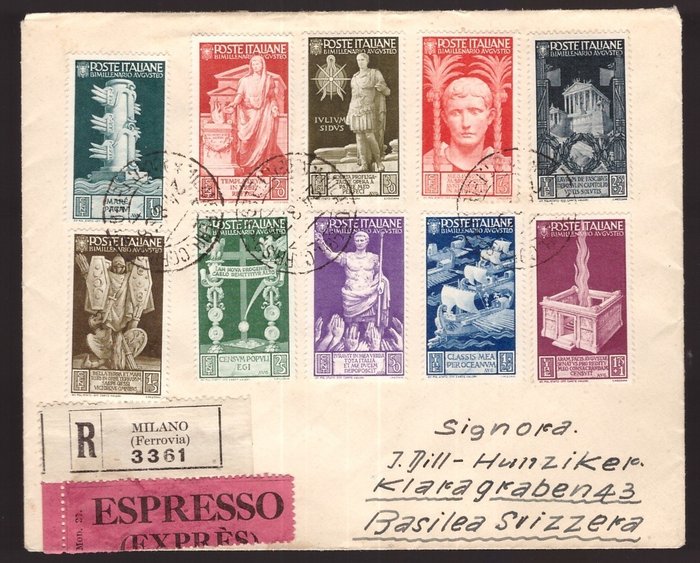 Italy Kingdom 1937 - Bimillenary of Augustus set on registered mail to Switzerland - Sassone S.89