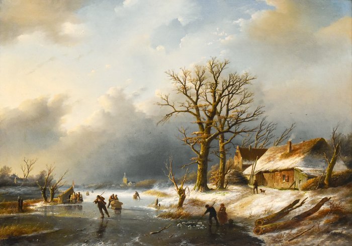 Jan Jacob Spohler (1811-1866) - IJsgezicht met schaatsers en koek en zopie tent.