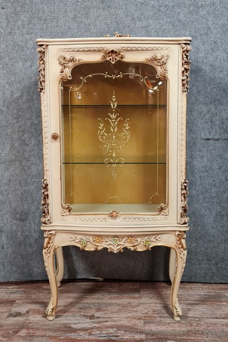 Mooie gebogen Louis XV Venetiaanse bibliotheekvitrine in gelakt hout en polychroom - Hout - 20e eeuw